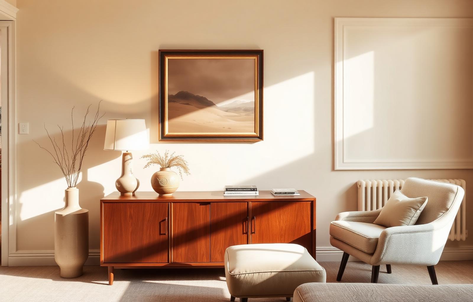 Staged interior with vintage sideboard, lamp and armchair