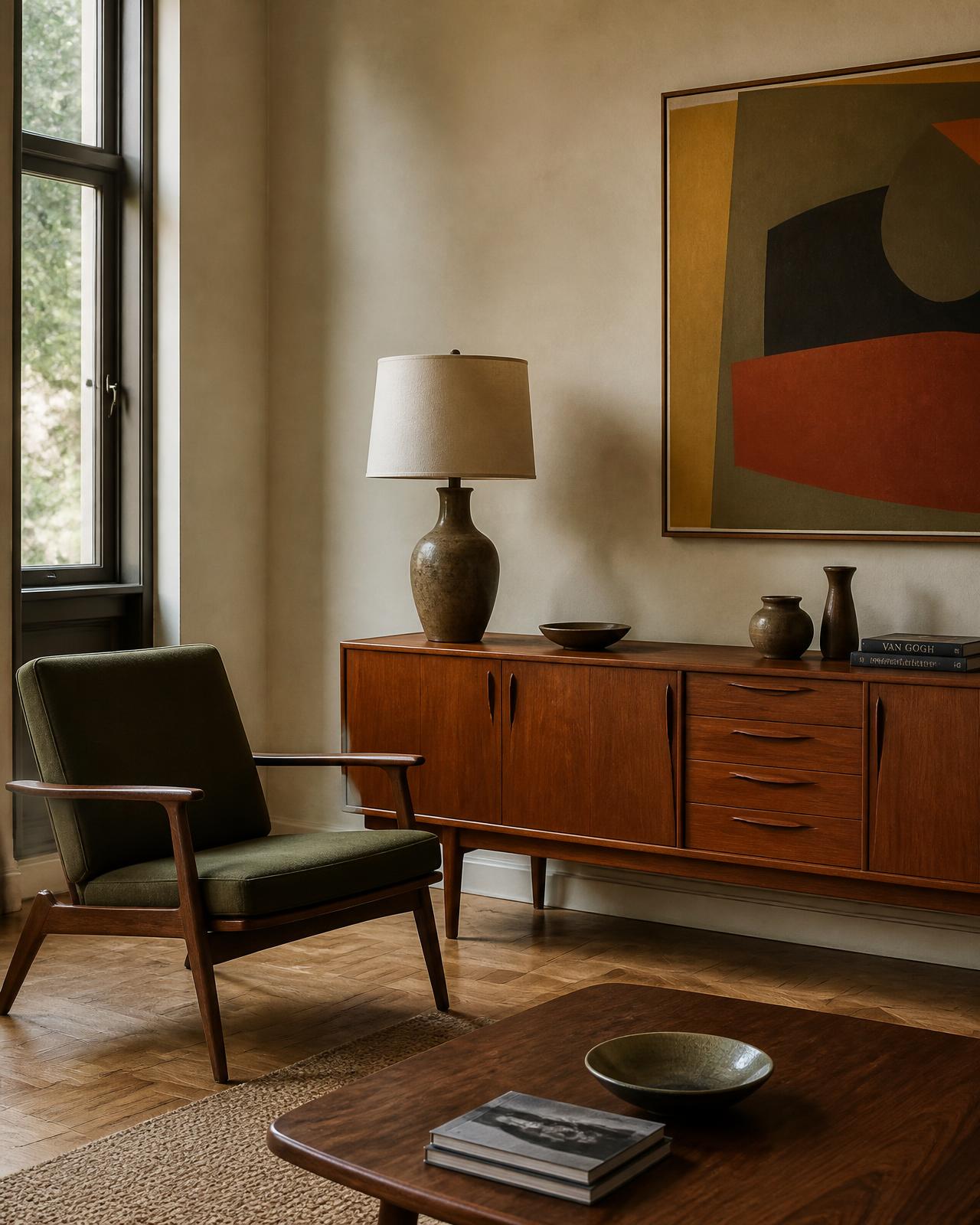 A collected mid century room with a teak sideboard, olive wool lounge chair, ceramic lamp and a graphic abstract canvas in warm daylight