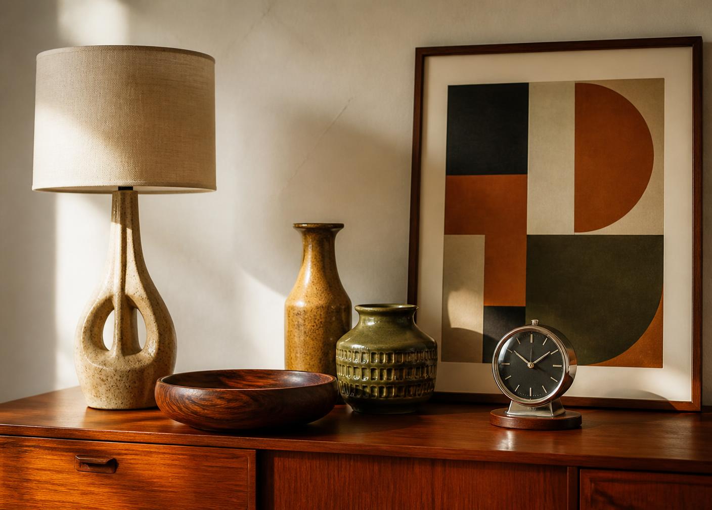 Mid century objects in raking light: a sculptural ceramic lamp, rosewood bowl, glazed stoneware vessels and a geometric print