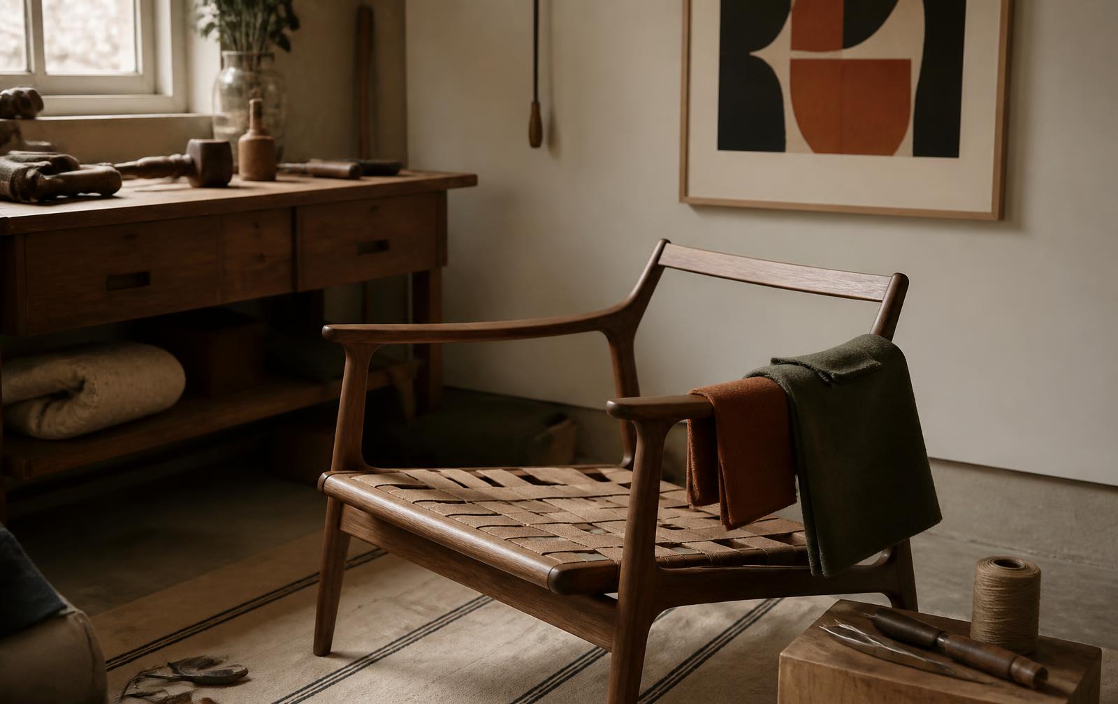 A mid century walnut lounge chair mid restoration, stripped back to webbing with olive wool and tobacco linen swatches on the arm