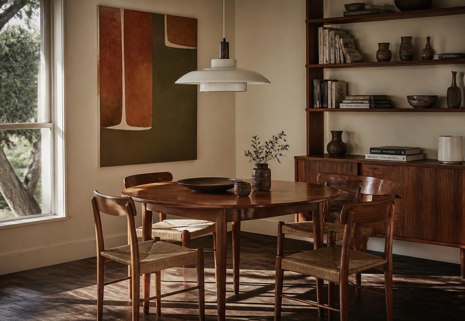 A mid century dining corner with a round teak table, paper cord chairs, an enamel pendant lamp and a rosewood shelf unit